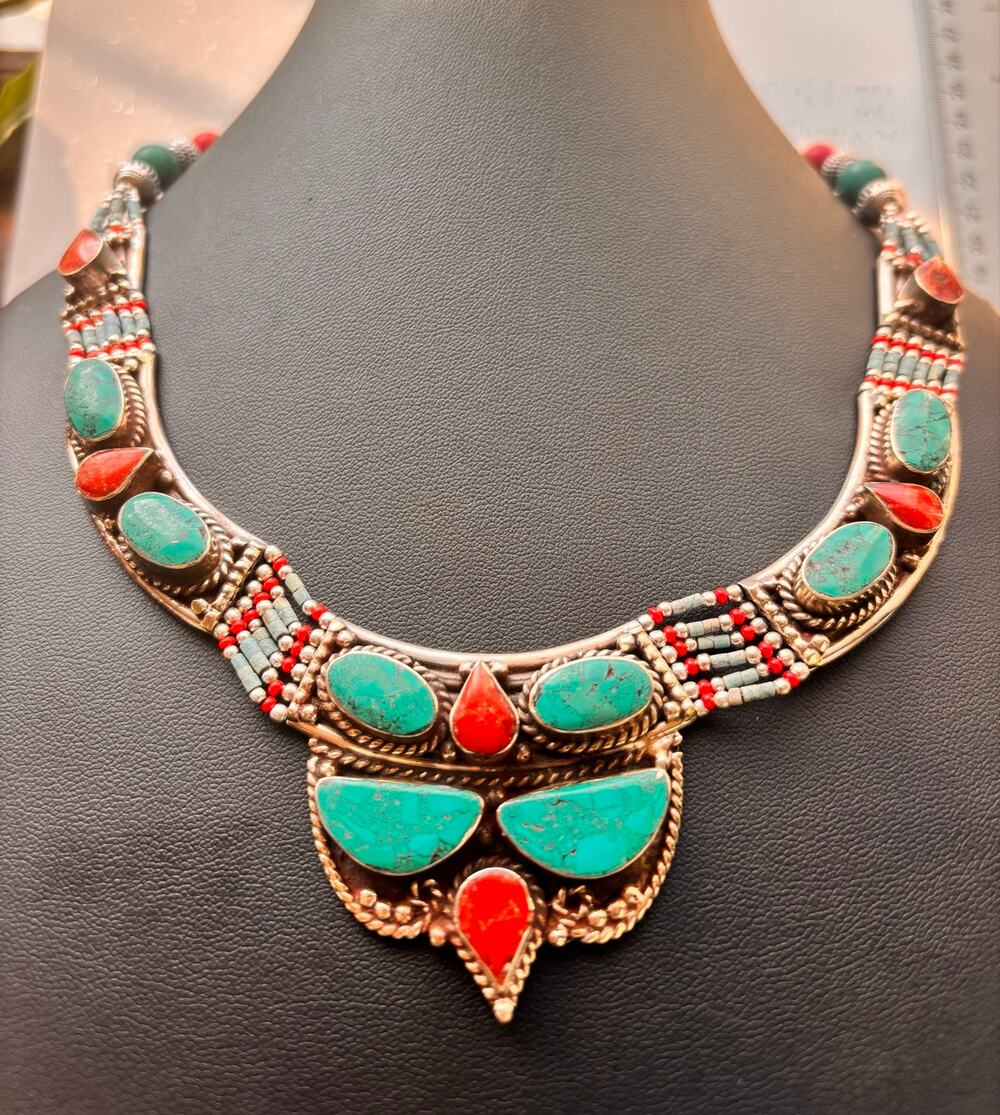 925 Sterling Tibetan Turquoise & Red Coral Necklace 19"